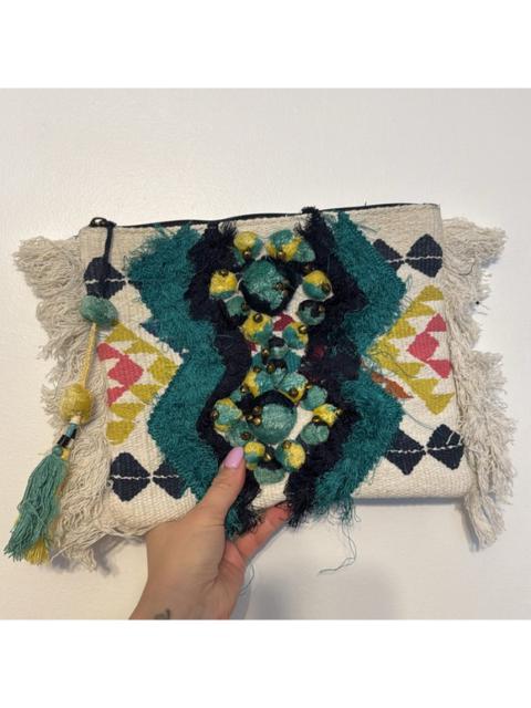 Other Designers Parfois Embroidered Crochet Fringe Pom Pom Clutch