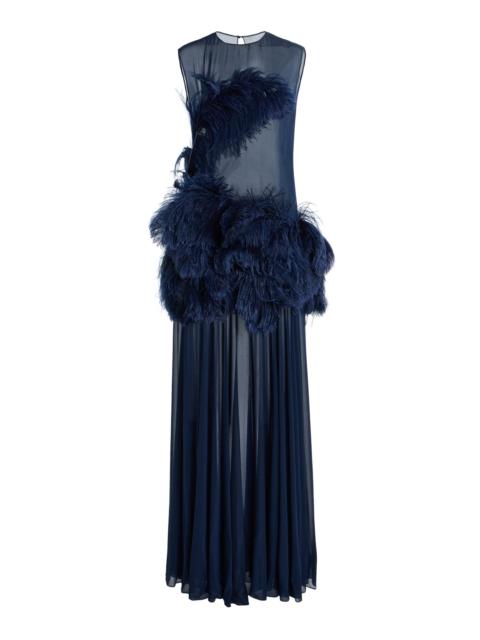 FFORME Hana Feather-Embroidered Chiffon Maxi Dress blue