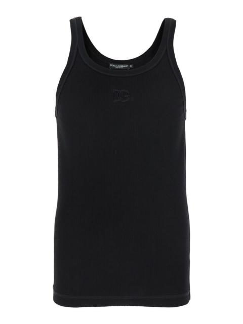 Dolce & Gabbana Dolce & Gabbana Men Black Sleeveless Top With Logo Embroidery On The Front And Ribbed Knit In Cotton