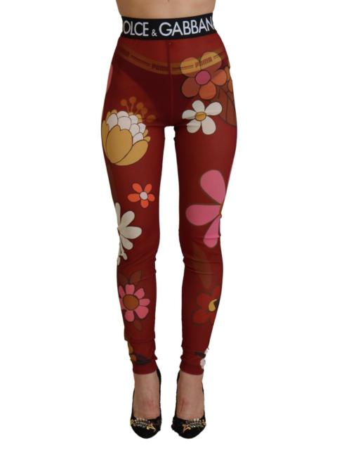 Dolce & Gabbana Red Floral Leggings Stretch Waist Pants