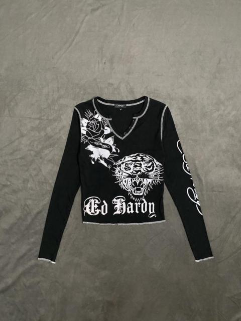 Other Designers Ed Hardy Tiger Rose Black Thermal Long Sleeve Notched Tee M