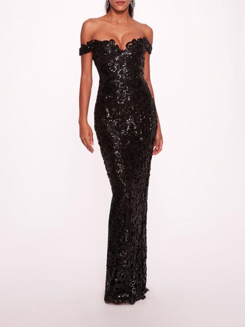 Marchesa OFF SHOULDER NECKLINE SEQUIN GOWN