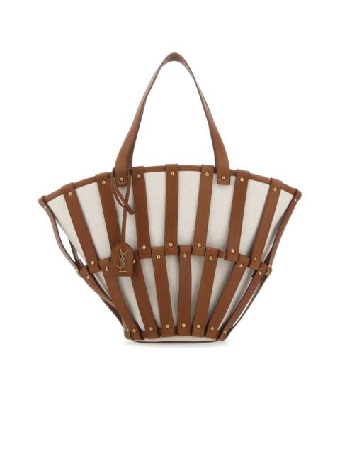 SAINT LAURENT Twotone Canvas And Leather Medium Beatrix Shopping Bag