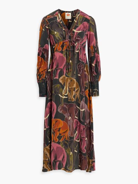 FARM RIO Gathered floral-print crepe de chine midi dress