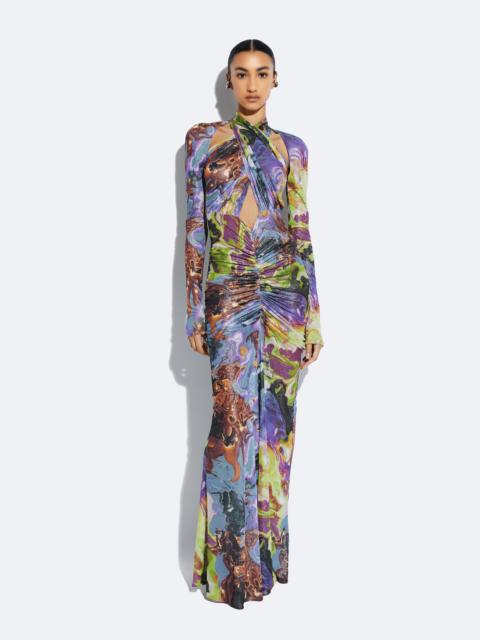 LAPOINTE Printed Mesh Halter Ruched Gown