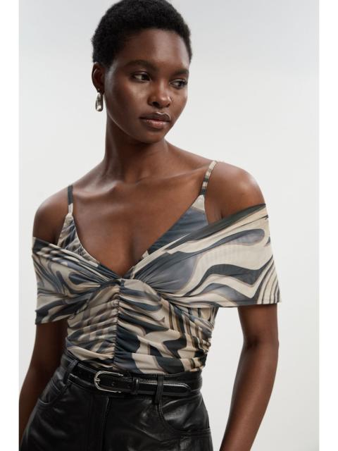 KAREN MILLEN Marble Print Mesh Plunge Strappy Detail Bodysuit