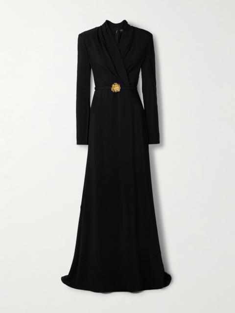 Oscar de la Renta Wrap-effect Embellished Belted Crepe Gown