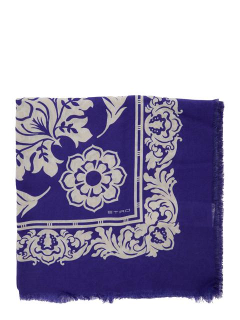 Etro Women Blue Scarf With All-Over Floral Print And Lettering Logo In Cotton And Modal Blend Woman