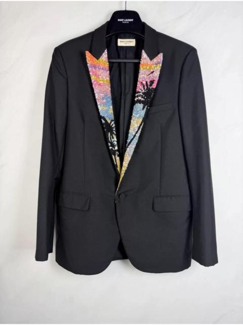 SAINT LAURENT Saint Laurent Black Palm Tree Sequin Peak Lapel Slim Tuxedo Jacket IT46