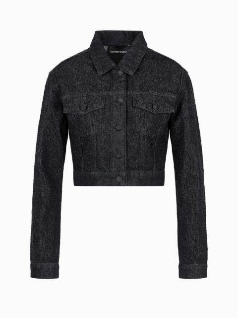 EMPORIO ARMANI Cropped 12.5 oz denim jacket with all-over rhinestone logo