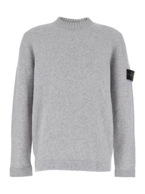 Stone Island Stone Island Men Grey Ribbed Knit Crewneck Sweater With Logo Patch On The Sleeve In Wool Man