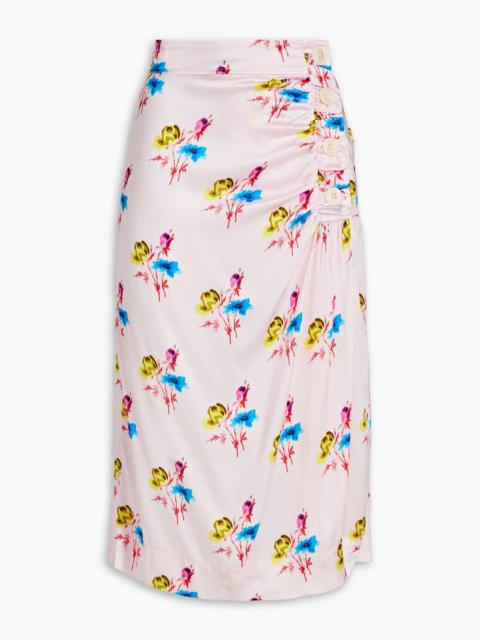 GANNI Ruched floral-print silk-blend satin midi wrap skirt