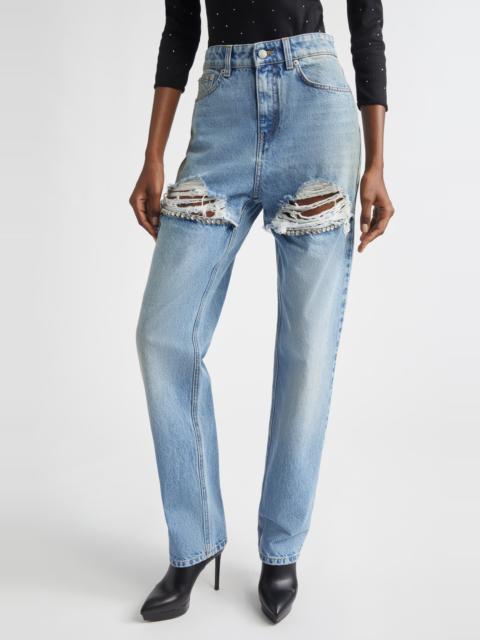 AREA Area Crystal Slit Frayed Straight Leg Jeans in Medium Blue at Nordstrom