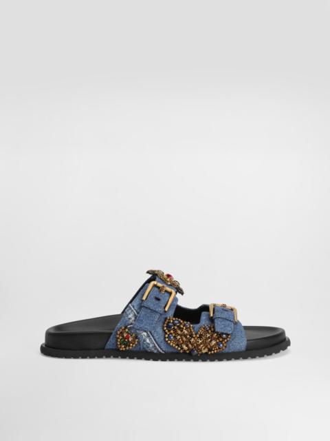 Dolce & Gabbana Flat denim slippers with embroidery