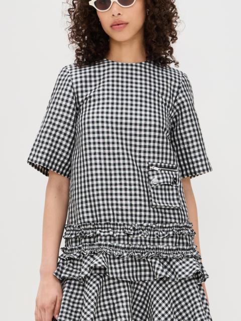 GANNI Crinkled Taffeta Check Open Back Mini Dress