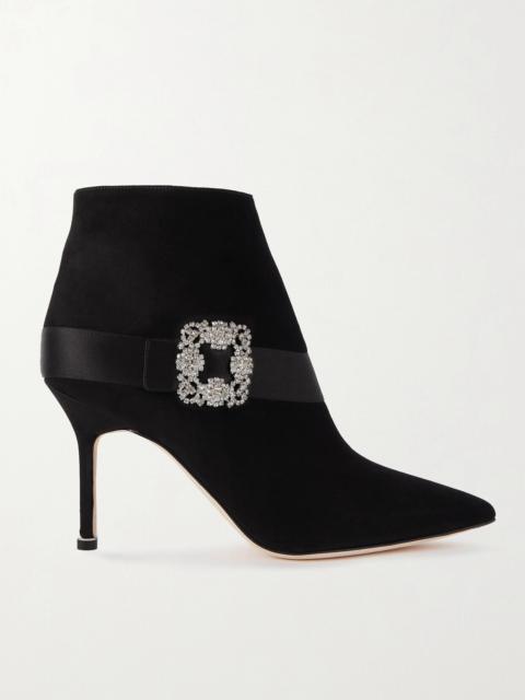 Manolo Blahnik Plinianu 90 Crystal-embellished Satin-trimmed Suede Ankle Boots