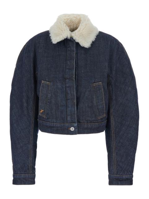 JACQUEMUS Jacquemus Women 'Le Bomber De-Nimes Ovalo' Blue Jacket With Fur Collar And Two Front Welt Pockets In