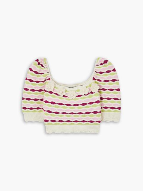 Alessandra Rich Cropped embroidered wool-trimmed cotton-blend top