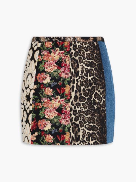 Alice + Olivia Riley patchwork denim, jacquard and brocade mini skirt