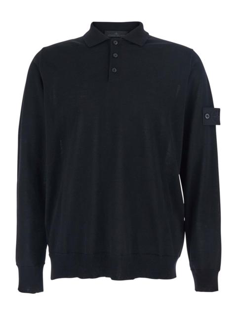 Stone Island Stone Island Men Black Polo Shirt With Classic Collar And Logo Patch On The Sleeve In Wool Man