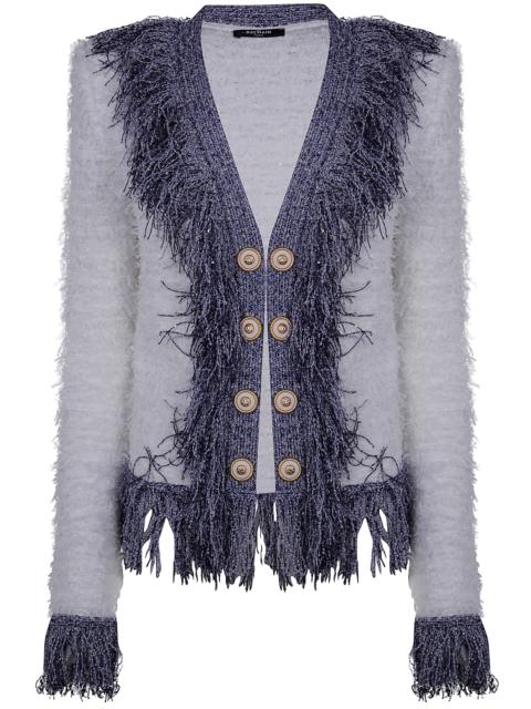 Balmain Collarless Glittered Fringed Tweed Jkt