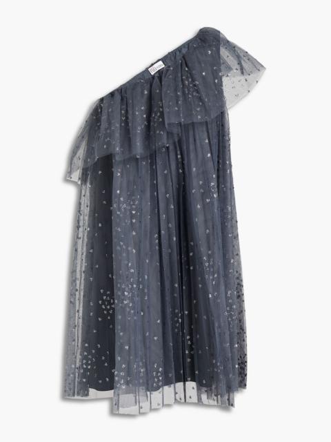REDValentino One-shoulder ruffled glittered tulle mini dress