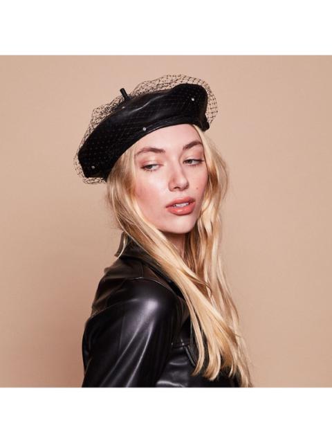 Eugenia Kim Carter Leather Beret Hat in Black with Birdcage Veil