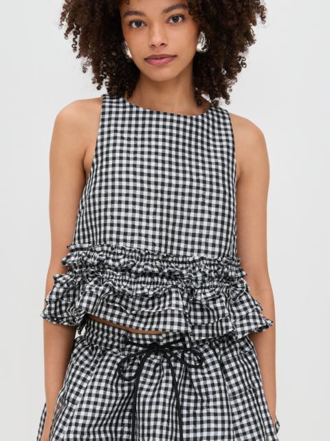 GANNI Crinkled Taffeta Check Frill Top