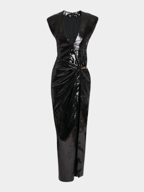Balmain Plunging Sequined Chain Draped Wrap Gown