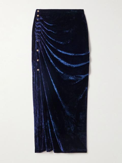 rabanne Ruched embellished velvet midi skirt Navy