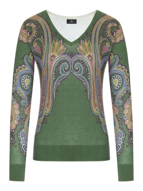 Etro Etro Women Silk And Cashmere V-Neck Sweater With Placed Paisley Print