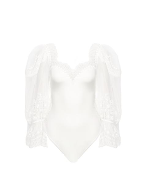 Chloé PUFF-SLEEVE BODYSUIT IN SHINY STRETCH JERSEY & LACE