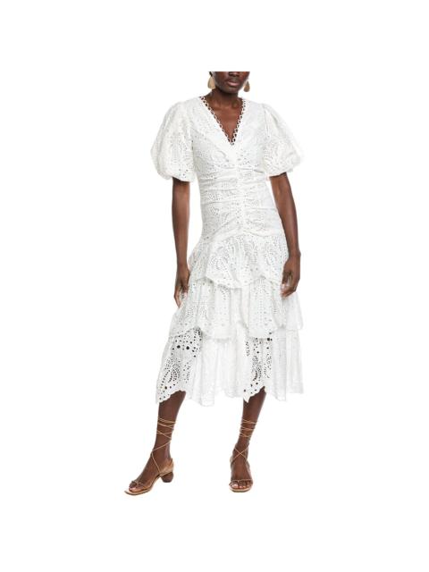 FARM RIO FARM Rio White Cotton Eyelet V Neckline Puffed Sleeve Midi Dress
