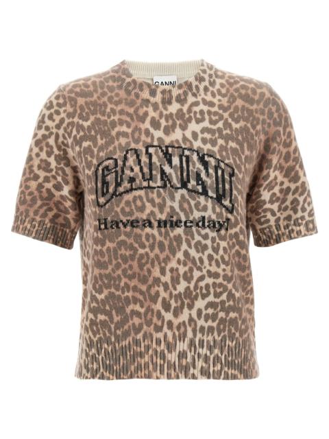 GANNI Leopard Wool Mix T-Shirt Brown