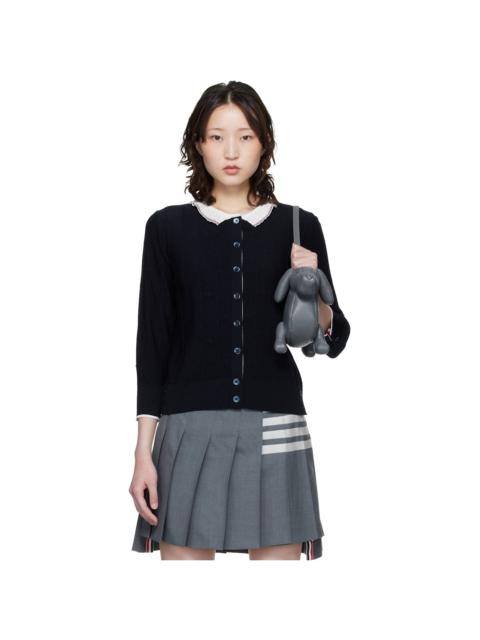 Thom Browne Navy Merino Wool Bobble Stitch Lace Trim Cardigan