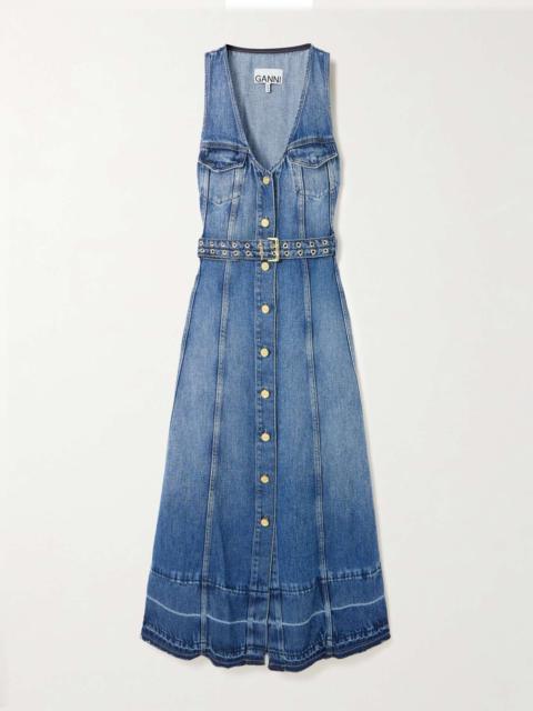 Belted frayed denim midi dress Blue