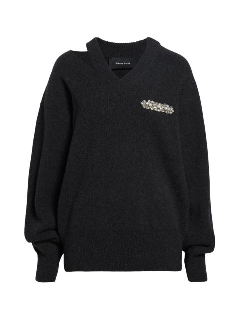 Simone Rocha Simone Rocha Seam Bite Embellished Virgin Wool Blend Sweater in Charcoal/Pearl/Clear at Nordstrom