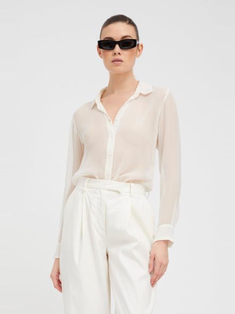 SPRWMN WHITE CRINKLE CHIFFON FITTED BUTTON DOWN