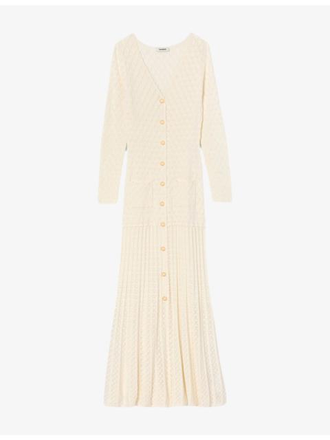 Sandro Long-Sleeve Flared Open-Knit Maxi Dress