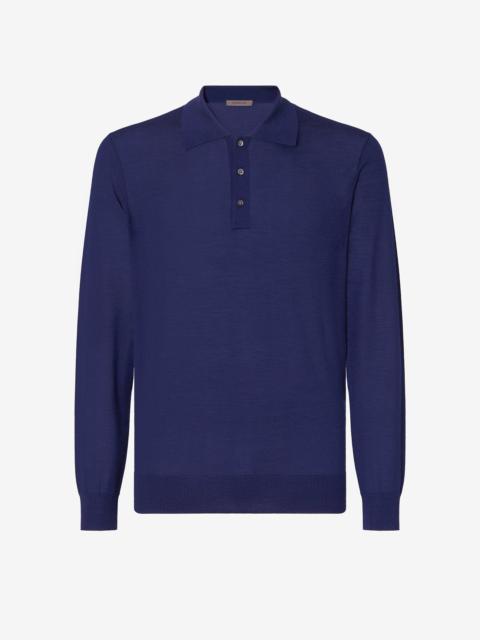 CORNELIANI Light blue long sleeve cashmere and silk polo shirt