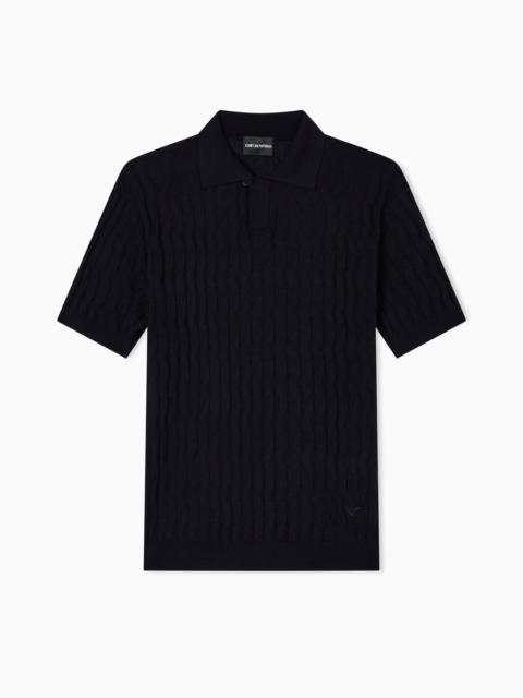 EMPORIO ARMANI ASV LYOCELL-BLEND JUMPER WITH POLO-SHIRT COLLAR IN AN EMBOSSED, PATTERNED STITCH