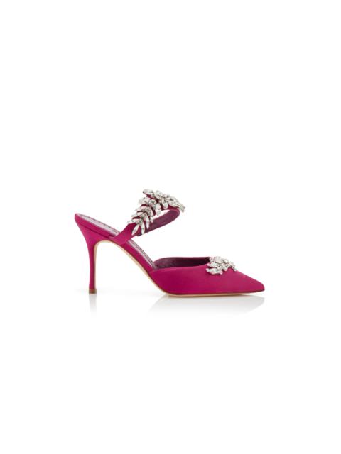 Manolo Blahnik Fuchsia Satin Crystal Embellished Mules