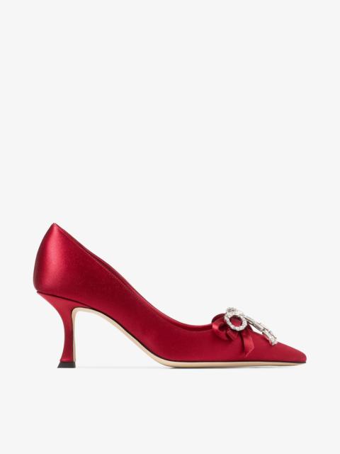 JIMMY CHOO Auria 70
Ruby Red Satin Pumps with Satin and Crystal Bow