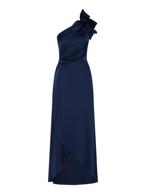ANDRES OTALORA Nocturna Asymmetric Embellished Satin Maxi Dress navy
