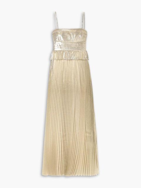 self-portrait Pintucked plissé-lamé gown