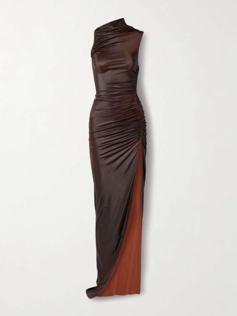 Svita ruched coated-jersey maxi dress Bronze