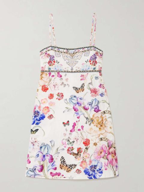 Embellished floral-print linen mini dress White