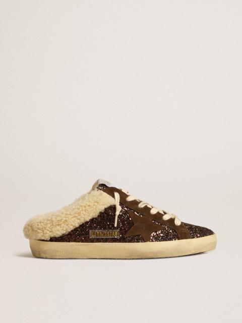Golden Goose Super-Star Sabots in glitter with brown star and shearling lining