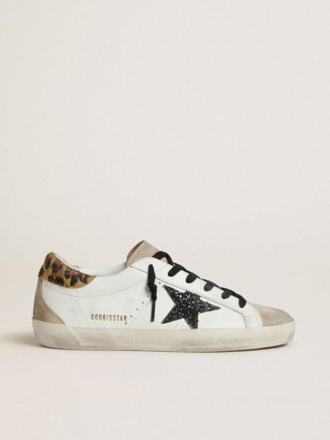 Golden Goose Women's Super-Star with black glitter star and leopard-print pony skin heel tab