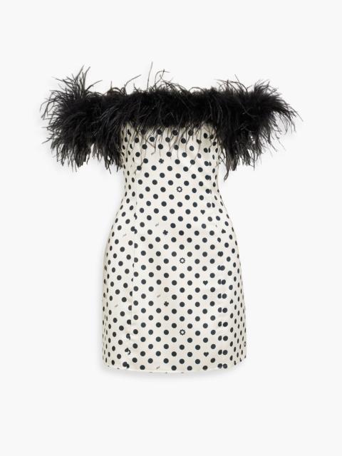 Other Designers Sadie off-the-shoulder feather-trimmed printed charmeuse mini dress